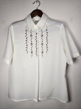 VTG Napa Studio Floral Embroidered Button Up Blouse Cream White Cottagecore 14